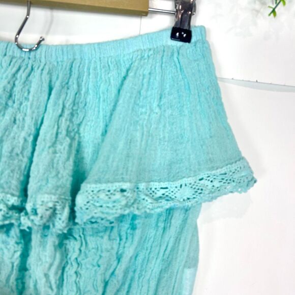 Jen's Pirate Booty Top Womens One Size teal Gauze Ruffle Lace Crop Off Shoulder - Picture 10 of 11